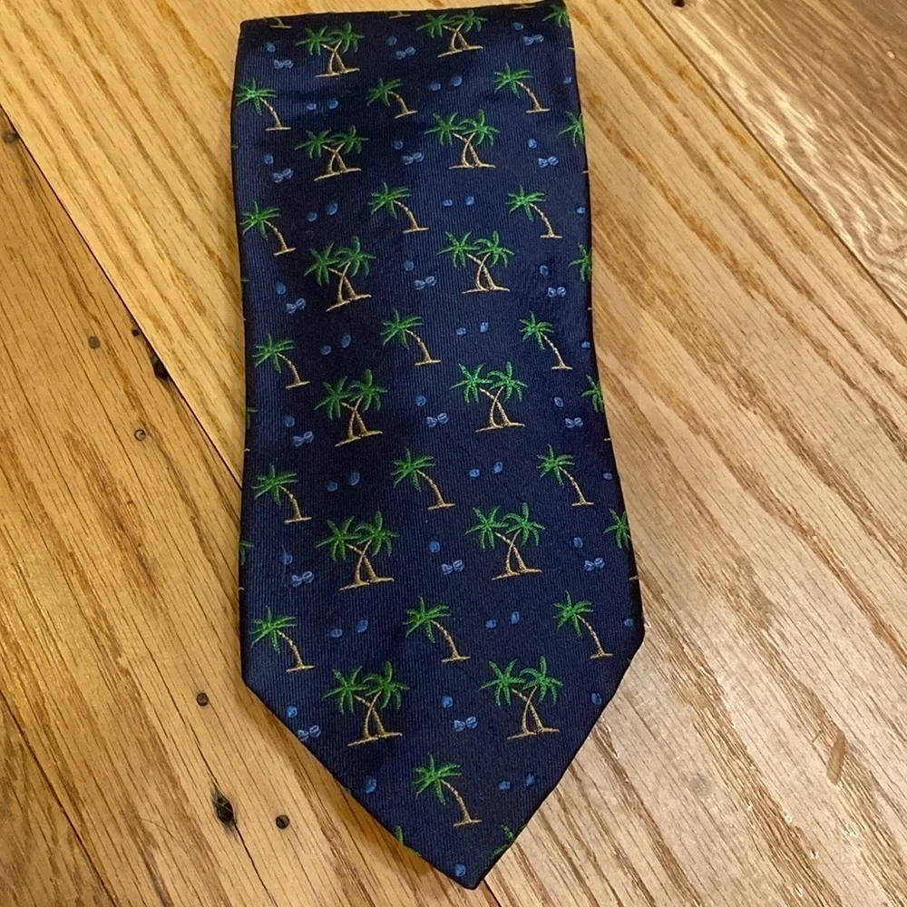 J Crew 100% Silk USA Made Tie Navy Blue Green Palm Trees